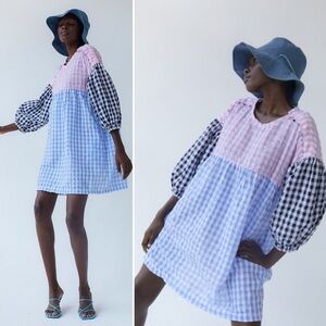 TACH Catarina Cloque Mini Dress XS gingham plaid babydoll pockets 100% cotton